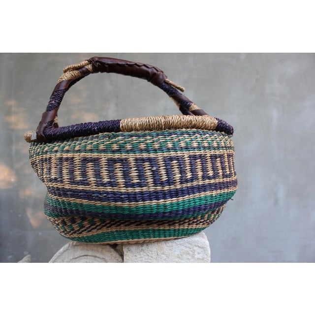 Brown Vintage Woven Storage Basket with Leather Handle For Sale - Image 8 of 10