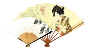 Two Vintage Japanese Geisha and Ladybug Bamboo & Paper Hand Painted Fans- A Pair