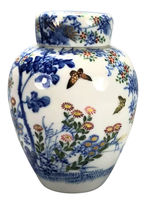 Early 20th Century Painted Small Japanese Porcelain Ginger Jar Tea Caddy