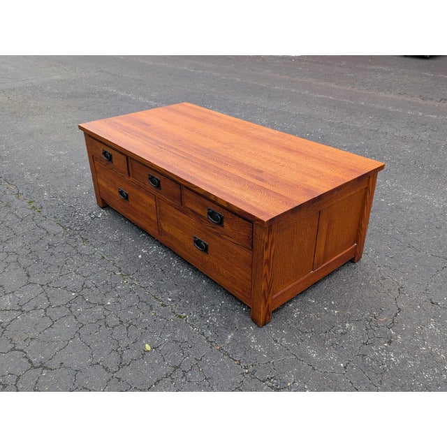 Mission Tiger Oak Mission Style Coffee Table With Cedar Lined Drawers For Sale - Image 3 of 17