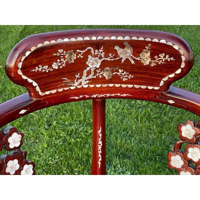 Burnt Umber 1950s Handcrafted Chinese Rosewood Corner Armchairs with Mother of Pearl Inlay- Set of 2 For Sale - Image 8 of 12