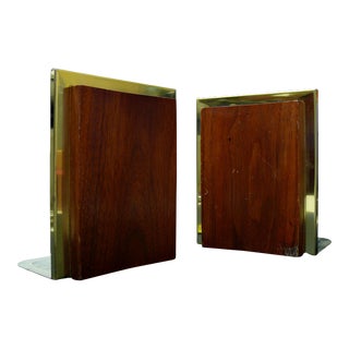 Mid Century Modern Walnut & Brass Tone Bookends- a Pair For Sale