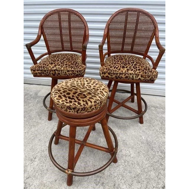 1980s McGuire Rattan and Caned Bar Stools, a Pair & a Perch Stool For Sale - Image 12 of 12