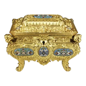 19th Century French Empire Cloisonne Bronze Jewelry Casket With Blue Velvet Interior