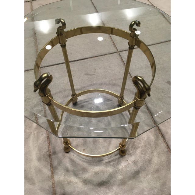 French Style Solid Brass Swans Head End Table Having Fancy Geometric Cut Top Glass Manner of Jansen For Sale - Image 9 of 13