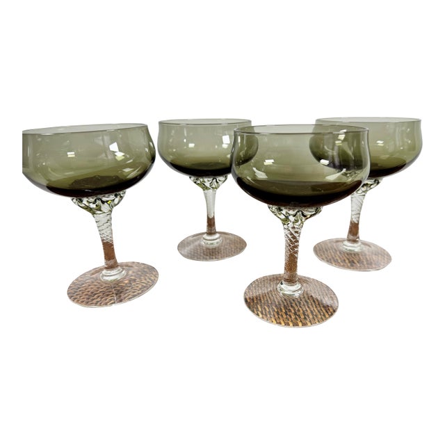 Sasaki Coronation Smoke Coupe Glasses Set of 4 Gray Mid Century Japanese Stemware For Sale
