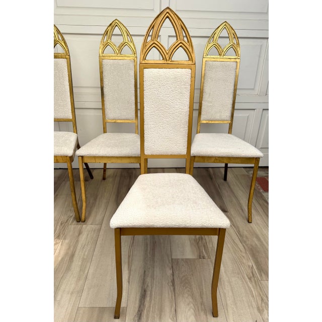 Gold Set of 6 Hollywood Regency Gothic Revival Gilt Dining Chairs With Bouclé Upholstery For Sale - Image 8 of 18
