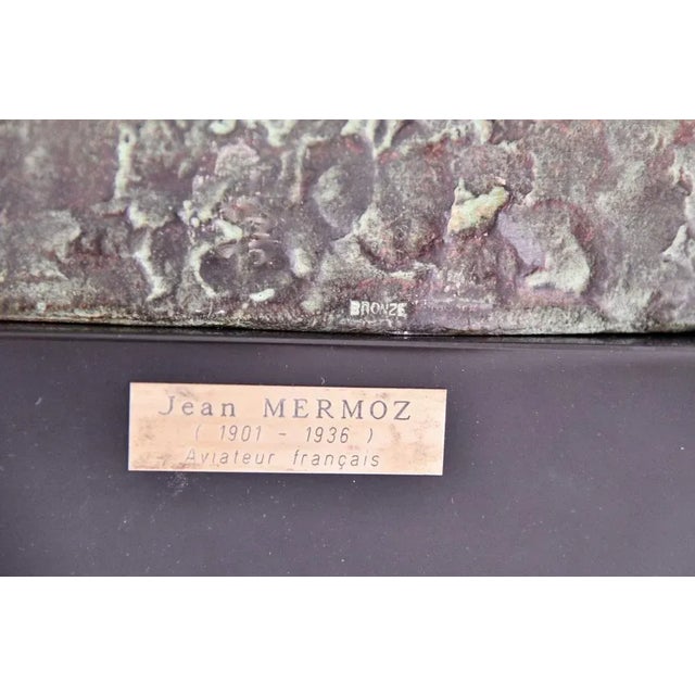 Metal Art Deco Male Bust Sculpture of Aviator Jean Mermoz in Bronze & Marble by Lucien Gibert, 1925 For Sale - Image 7 of 9