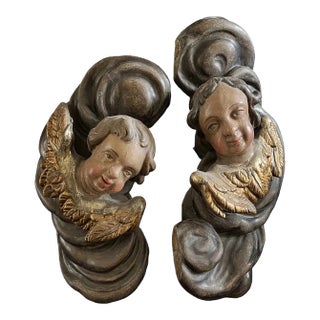 Pair of Hand-Carved Wooden Cherubs With Gilded Wings For Sale