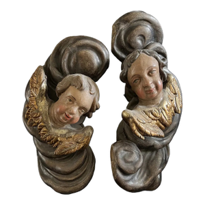 Pair of Hand-Carved Wooden Cherubs With Gilded Wings