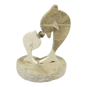 Travertine Stone Mother and Baby Dolphin Sculpture Carving With Ball