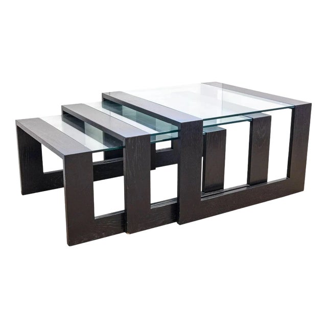 Contemporary Modern Black Wood and Glass Nesting Side End Tables - Set of 3 For Sale