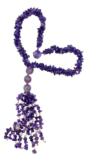 Amethyst, Fluorite, Genuine Pearl Gemstone Tassel Necklace C. 1970s Boho Chic