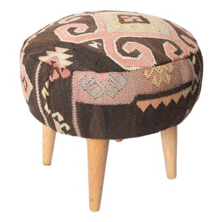Handwoven Vintage Kilim Upholstered Ottoman Stool | Tribal Wool Footstool With Wooden Legs For Sale