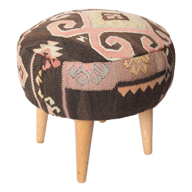 Handwoven Vintage Kilim Upholstered Ottoman Stool | Tribal Wool Footstool With Wooden Legs For Sale