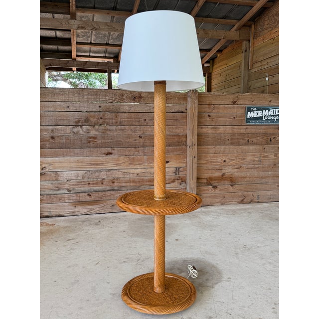 Mid-20th Century Coastal Twist Rattan Floor Lamp With Two-Tier Table and New Shade For Sale - Image 9 of 12