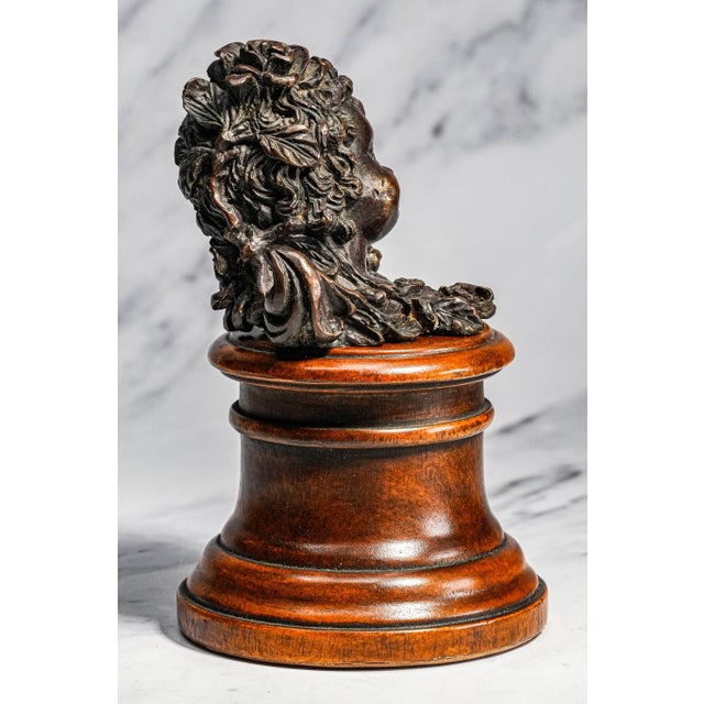 Classic Antique Bronze Cherub Bust Sculpture on Wood Pedestal Edwardian Putti Figure For Sale In New York - Image 6 of 11