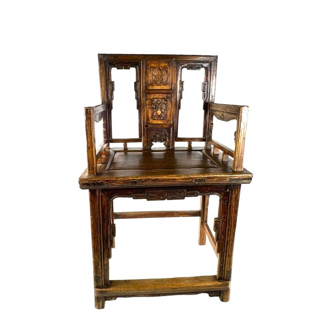 Chinese Pair of Chinese Antique Armchairs With Carvings For Sale - Image 3 of 13