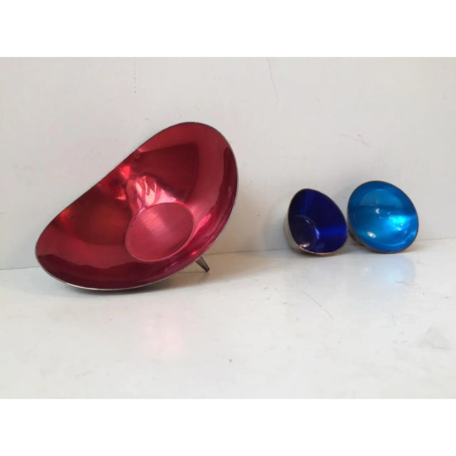 This colorful trio of Danish silver plate and enamel bowls are suitable for decor or salt and sugar bowls. The large bowl...