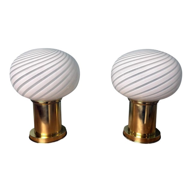 Vintage Italian Table Lamps With Brass Base and Murano Glass Sphere - a Pair For Sale