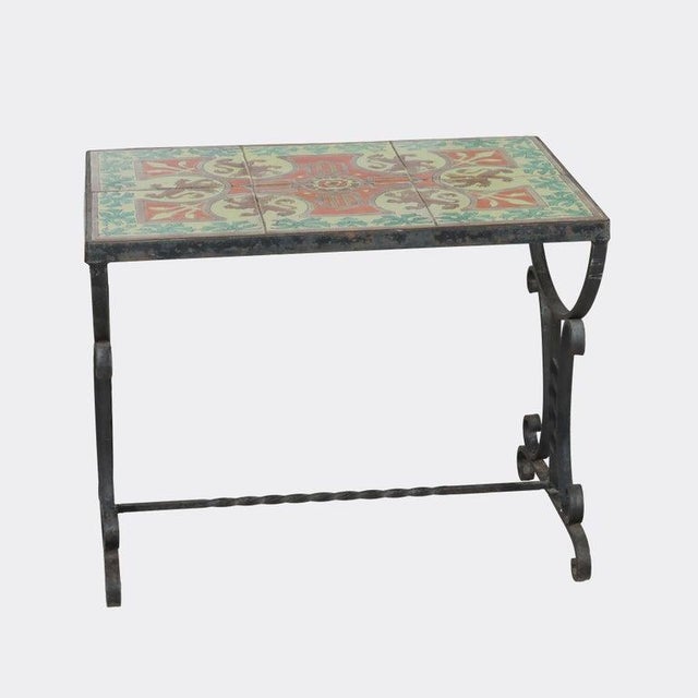 Arts & Crafts Wrought Iron & California Tile Top Side Table With Griffins C1910 For Sale - Image 6 of 12