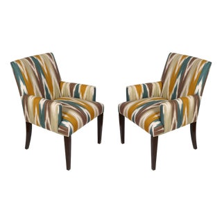 Pair of Modern Ikat Upholstered Arm Chairs, Lee Jofa Fabric For Sale