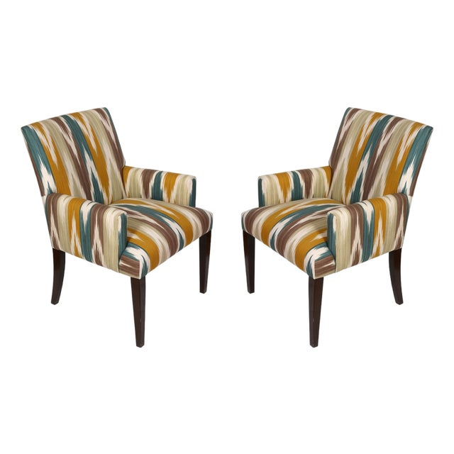 Pair of Modern Ikat Upholstered Arm Chairs, Lee Jofa Fabric For Sale