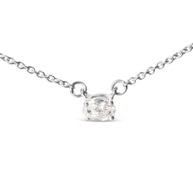 Contemporary 14K White Gold 1/4 Cttw Lab Grown Oval Solitaire Diamond East West 18" Pendant Necklace (G-H Color, VS2-SI1 Clarity) For Sale - Image 3 of 6