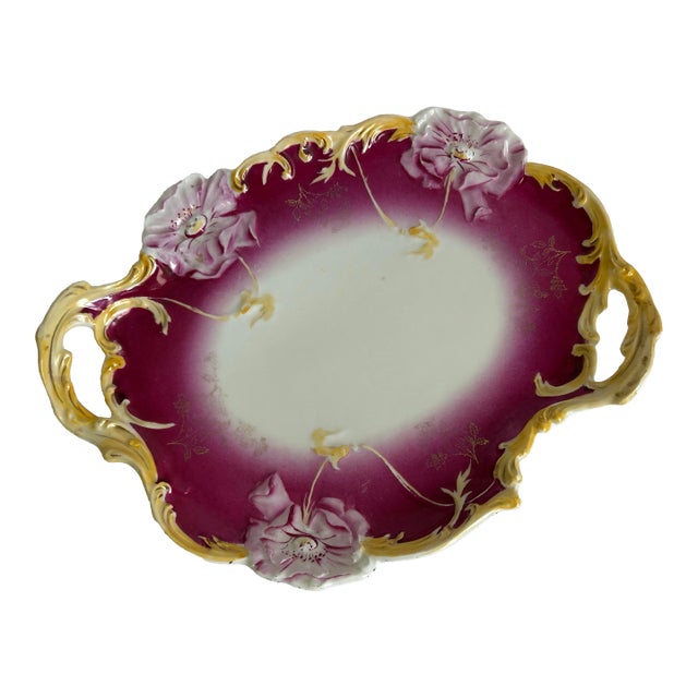Antique Weimar Germany Porcelain Tray Raspberry Magenta Ground Gilt Floral For Sale