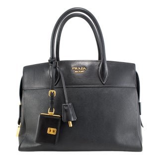 Prada Saffiano City Black Gold Hardware Leather Structured Tote Bag For Sale