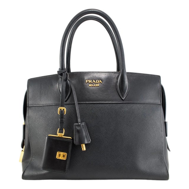 Prada Saffiano City Black Gold Hardware Leather Structured Tote Bag For Sale