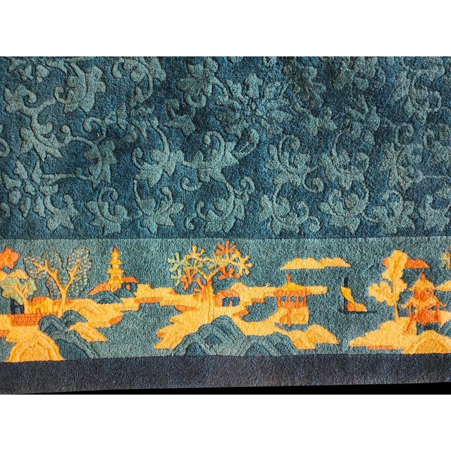 Vibrant Blue Color With Gold Figurative Borders Antique Chinese Peking Rug For Sale - Image 4 of 7