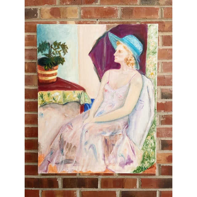 Textile Vintage Portrait Painting of Woman Wearing a Floral Dress and Blue Hat For Sale - Image 7 of 7
