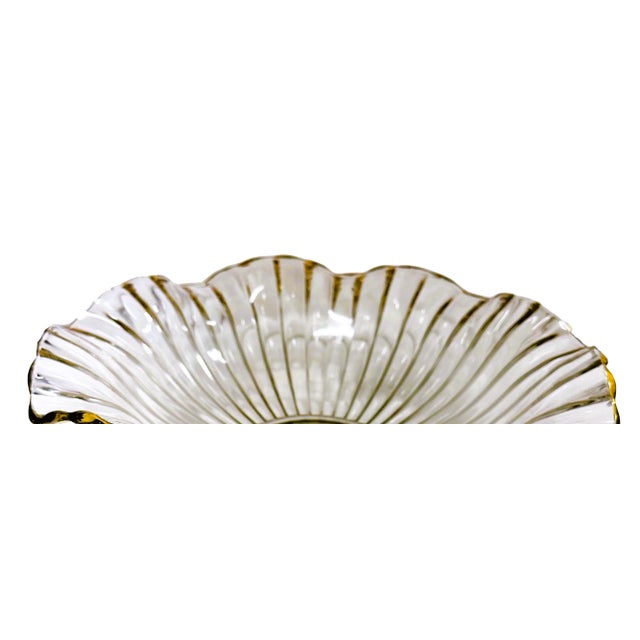 1980s Vintage Glass Scalloped Serving Bowl With Gold Rimmed Edges on Bronze Pedestal For Sale - Image 5 of 8