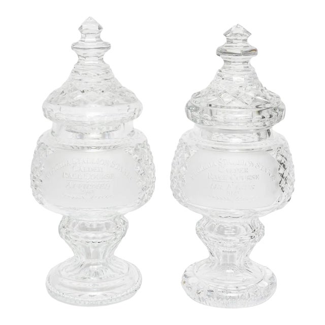 Waterford Cut Crystal Horse Racing Trophy Covered Jars Trophy Awards Pair For Sale