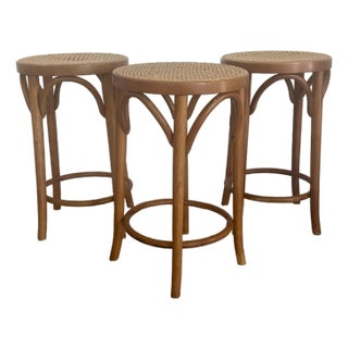 1950s Italian Bistro Style Mid Century Bentwood and Cane Counter Height Stools - Set of 3 For Sale