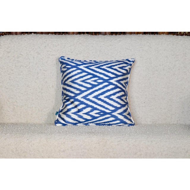 Traditional Blue Leaf Ikat Pillow For Sale - Image 3 of 4