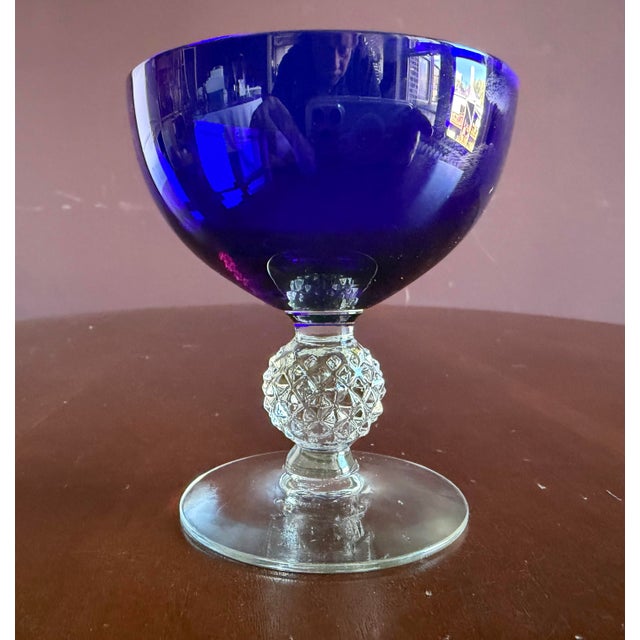 Art Deco Morgantown Antique Art Deco Ritz Cobalt Blue Golf Ball Patterned Sherbet / Champagne Coupes With Clear Stem Introduced in 1928. For Sale - Image 3 of 3