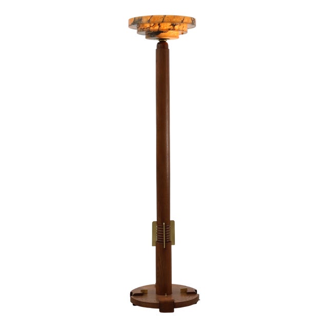 Art Deco Floor Lamp in Oak and Alabaster, 1920s For Sale