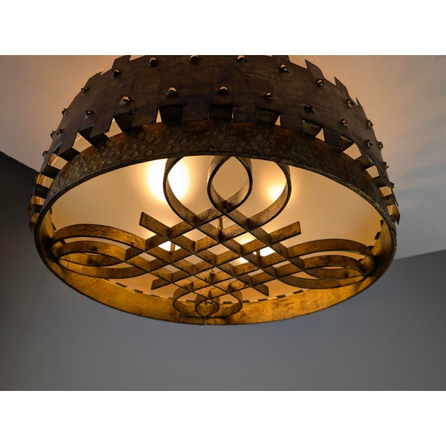 Mid-Century Brutalist Ceiling Lamp in Gilded Wrought Iron, 1940s For Sale - Image 10 of 12