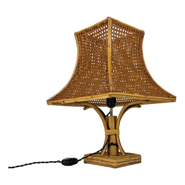 Mid-Century Modern Bamboo and Wicker Table Lamp, 1960s For Sale