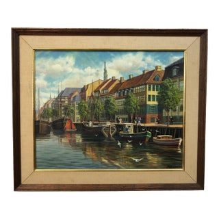 "Harbor Days in Old Europe" - Mid 20th Century Original Oil on Canvas Signed on the Bottom, Framed For Sale