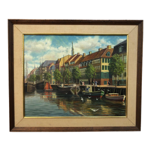 "Harbor Days in Old Europe" - Mid 20th Century Original Oil on Canvas Signed on the Bottom, Framed