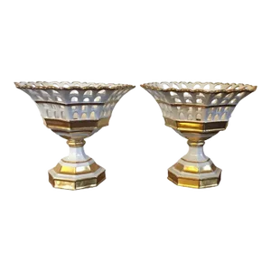 Antique 19th Century French Empire Porcelain Reticulated Corbeilles in White & Gold - A Pair