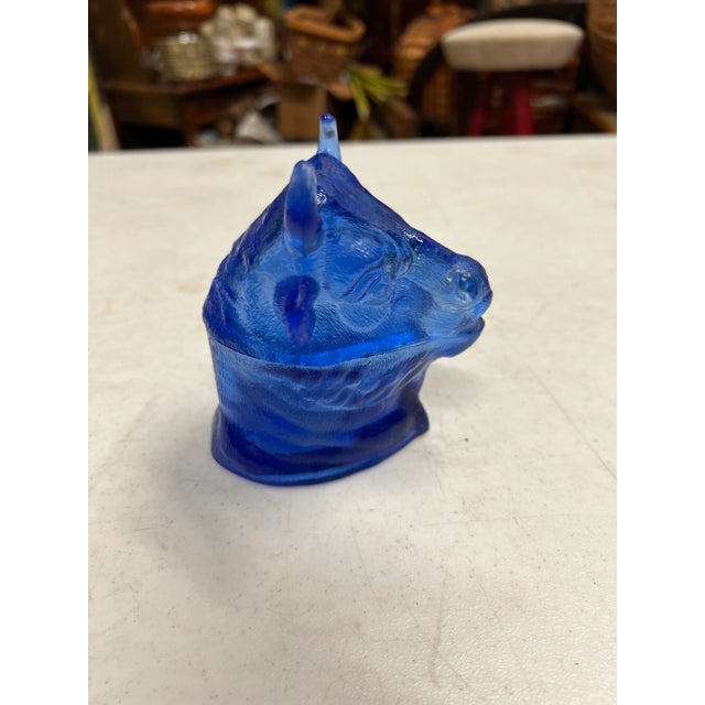 Vintage Blue Glass Bull Lidded Mustard Pot For Sale - Image 4 of 6