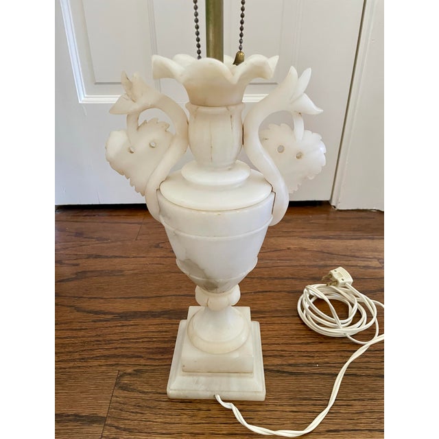 American Vintage Carved Alabaster Two Bulb Table Lamp With Floral Motif For Sale - Image 3 of 11