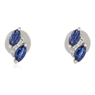 Natural Marquise Blue Sapphire & Diamond Cluster Stud Earrings in 14k Gold- A Pair For Sale