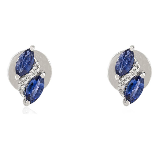 Natural Marquise Blue Sapphire & Diamond Cluster Stud Earrings in 14k Gold- A Pair For Sale
