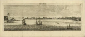 Cornelis de Bruijn, View of the Island of Rhodes, Greece, Depicting the Town with Fort, 1698, Print