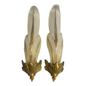 C1930's French Art Deco Gilt Bronze Art Glass Floral Wall Sconces Attributed to Atelier Petitot a - Pair